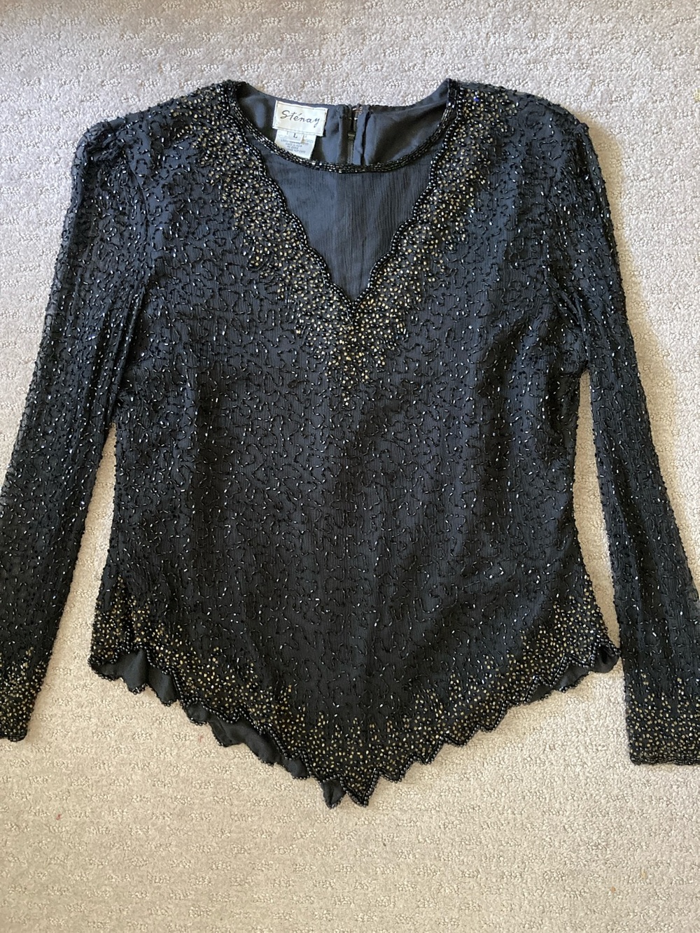 Vintage Sténay black beaded silk evening top, Large.